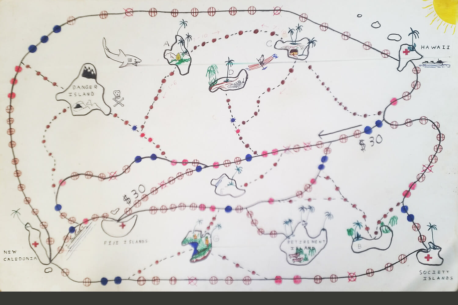  Shown here is the original game board of <b>“The Island Game”</b> created in 1973.  The game board and the EIGHT decks of game cards were all created by hand.  For game play, the currency from
Monopoly® and the spinner (1-10) from The Game of Life® was used. The board measurement was about 30” x 20”