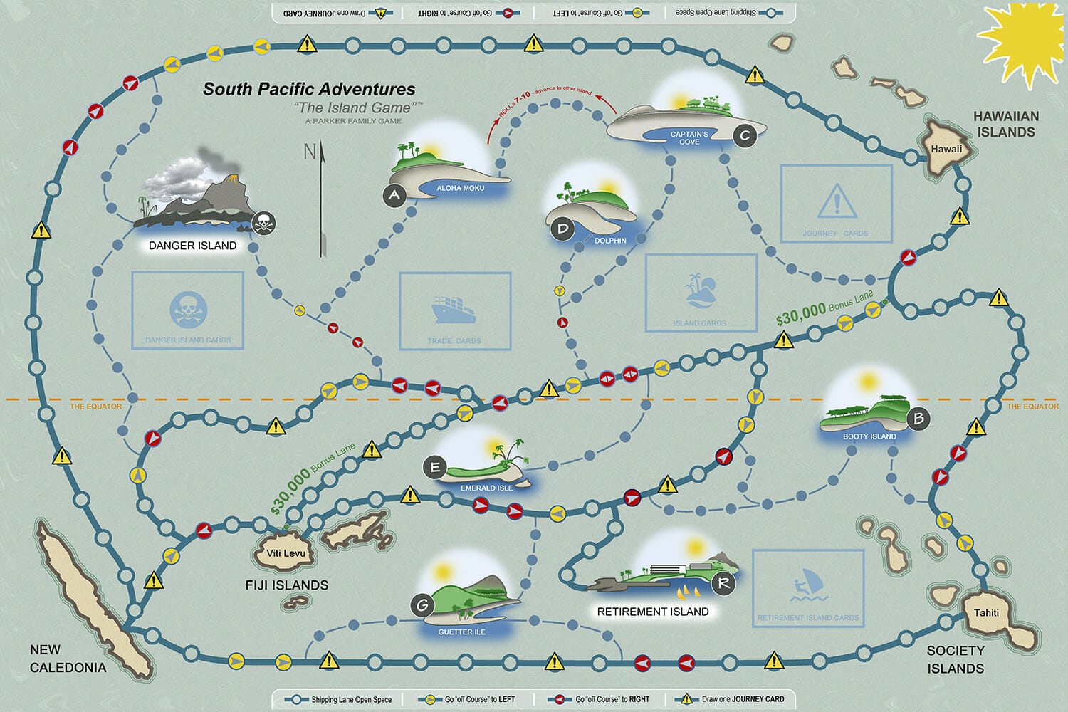 This is the current production game board for <em><b>South Pacific
Adventures</b>, “The Island Game”&trade;</em>.   The board graphics are
styled to more represent a traditional <em>Nautical Chart</em> theme.  They also include the enhanced <em>“game space key”</em> shown on 2 sides of the board.  Additionally, another card deck was removed from the
previous board to eliminate the <em>“Mission Card”</em> deck for further game simplification. Now, when a player draws a <b>MISSION</b> card, they simply lose 1 turn when on each island <em>“doing their mission”</em>.