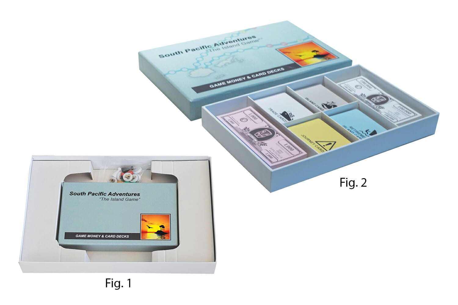 Game accessories are packaged as shown in <b>Fig 1</b>, with  an inner box designed to neatly organize game currency and the various game card decks as shown in <b>Fig. 2</b>.  This added feature makes
setting up and putting away, as easy as a South Pacific breeze!